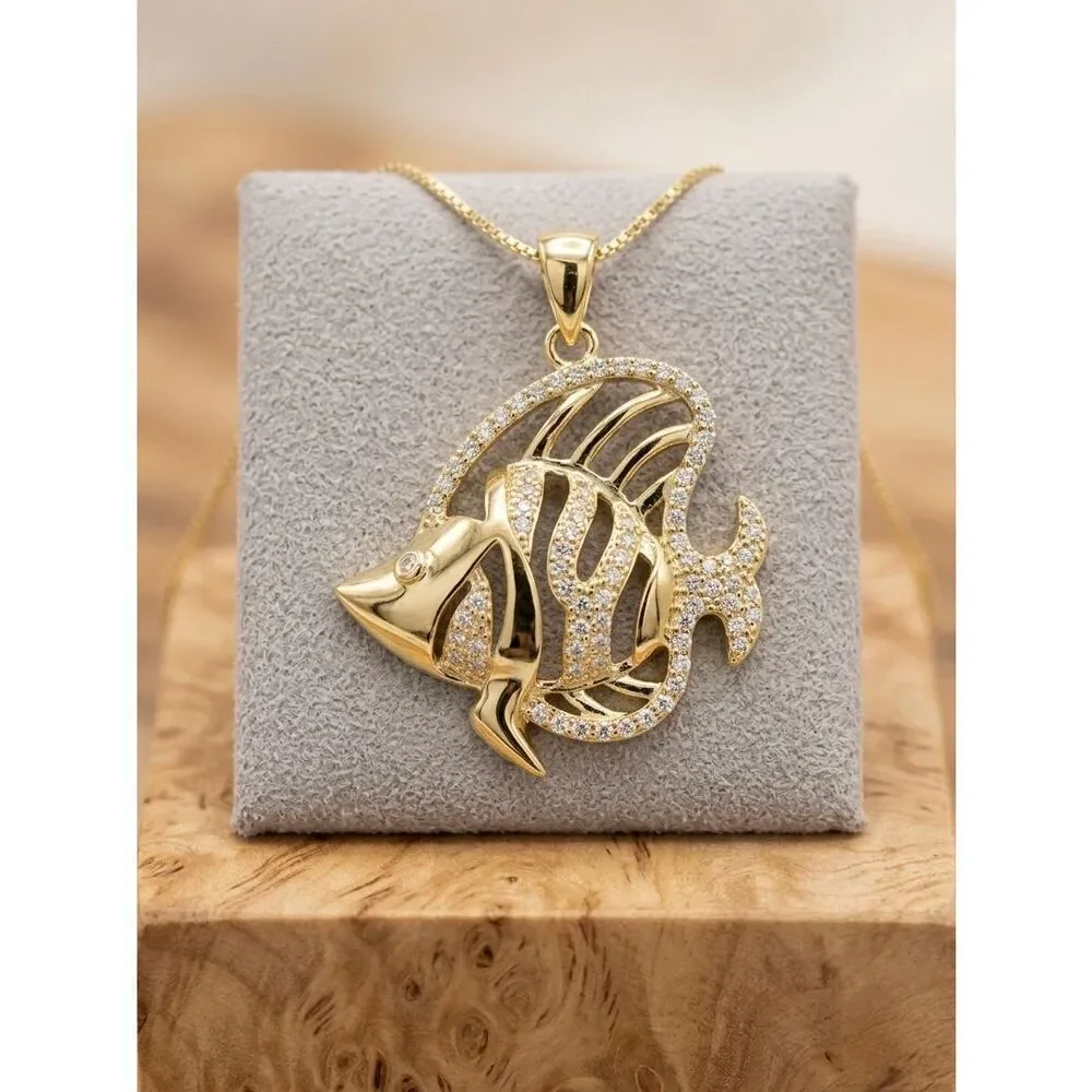 Gold Vermeil Moissanite Angel Fish Necklace Pendant Pave Diamond Cut Sparkle Sea